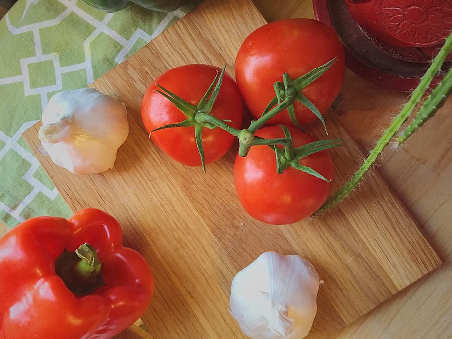four, tomatoes, brown, wooden, board, garlic, vegetarian kitchen, bell pepper, red veggies, mediterranean