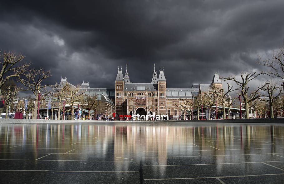 갈색, 건물, 어두운, 흐린, 하늘, 암스테르담, 박물관, 국립 박물관, 날씨, 장시간 노출