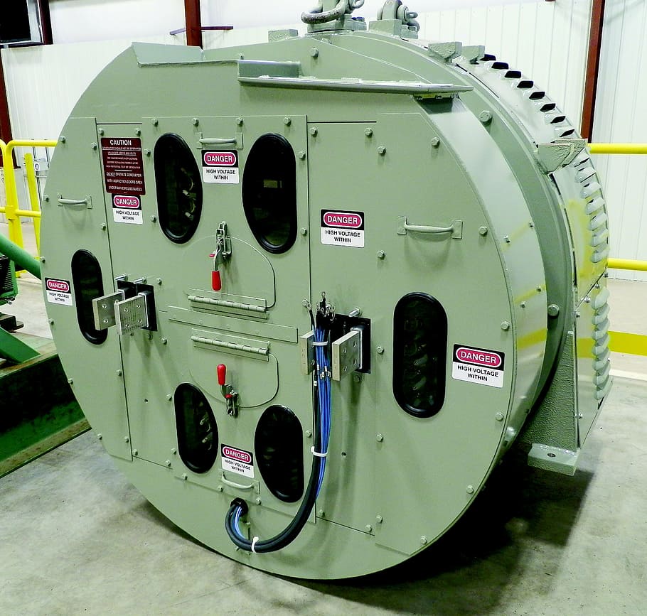 large, round, green, painted, steel, framed, machinery, railroad generator, test stand, generator testing