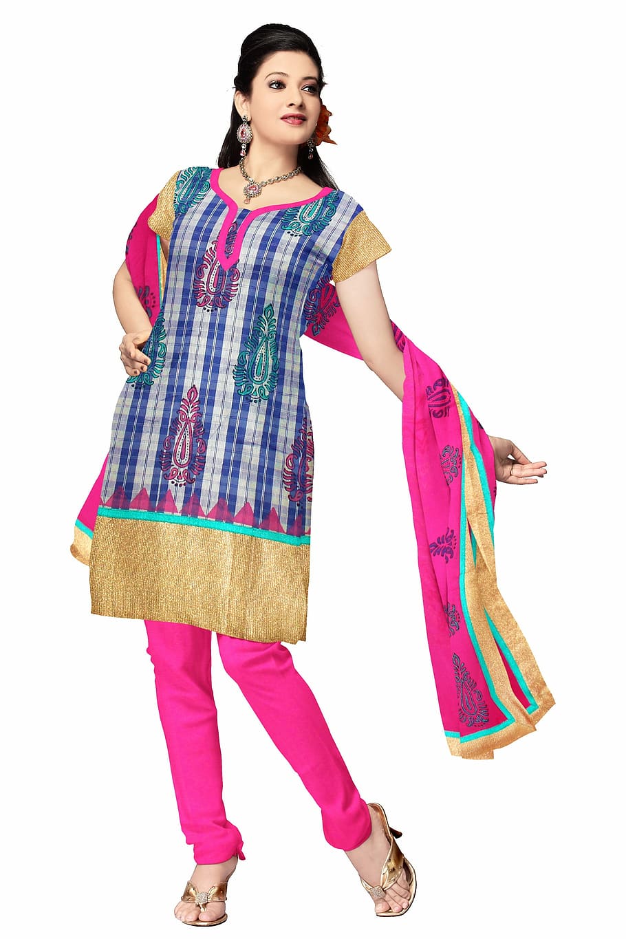 mulheres, rosa, azul, verde, mangas curtas, tradicional, vestido indiano, Indian Clothing, Fashion, Silk