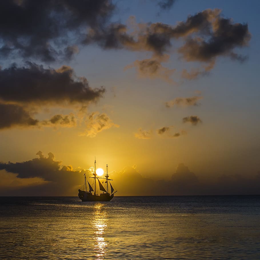 silhouette, galleon ship, sunset, island, ship, sea, landscape, nature, ocean, water
