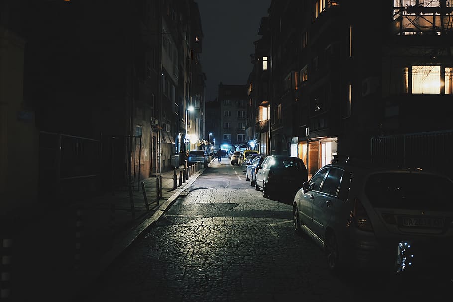 calle, callejón, noche, oscuro, urbano, pueblo, ciudad, carretera, asfalto, autos
