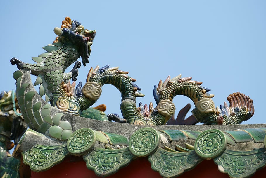 verde, concreto, estátua de dragão, vietnã, sudeste da Ásia, hoian, patrimônio mundial, unesco, historicamente, arquitetura