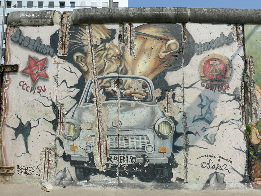 Graffiti, Muro de Berlín, Arte, muro, Berlín, mirando, fragmento, trabbi, dom, hormigón