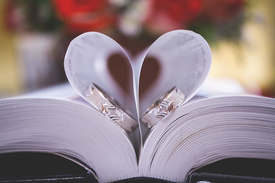 two, silver-colored rings, book page, book, bible, wedding, ring, heart, love, church