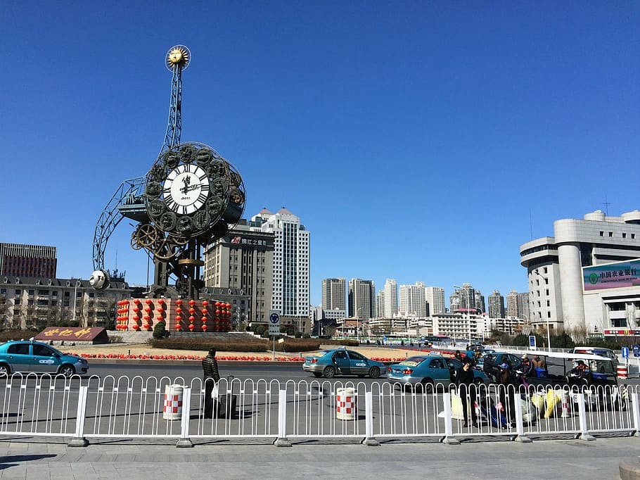 outdoor, watch, guardrail, blue sky, street view, tianjin, train station, city, urban area, architecture