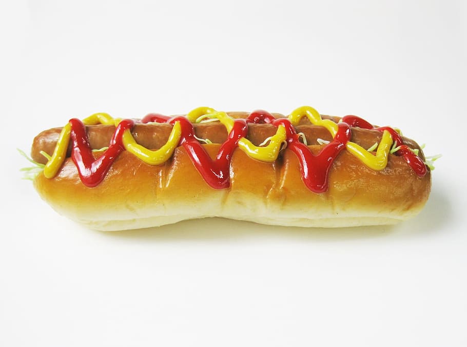 hotdog sandwich, ketchup, Hot Dog, Dog, Food, Sandwich, Mustard, food, fast food, food and drink, white background