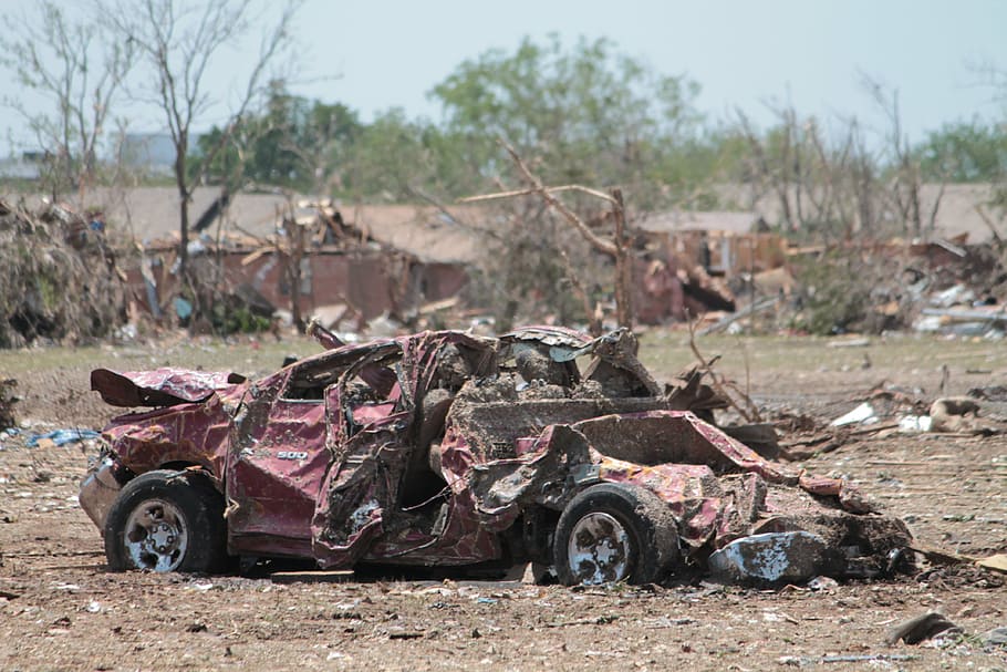wreck, red, car, green, leaf tree, vehicle, damaged, moore, oklahoma, tornado