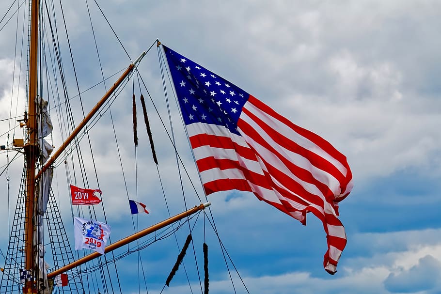 flag, usa, boat, independence, stars, bands, america, mats, sky, armada