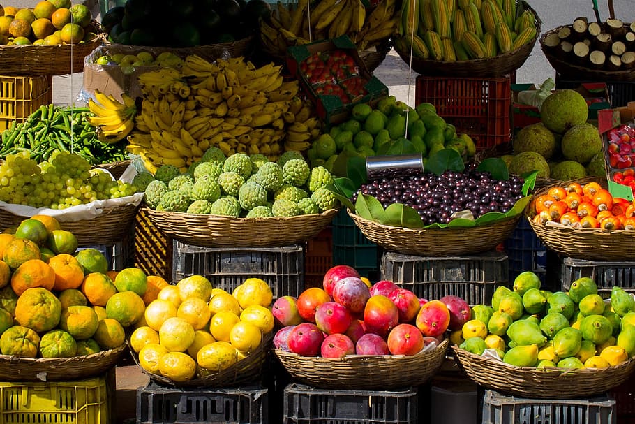 foto, surtido, frutas, cestas, fruta, mercado, mercado de agricultores, verduras, fresco, saludable