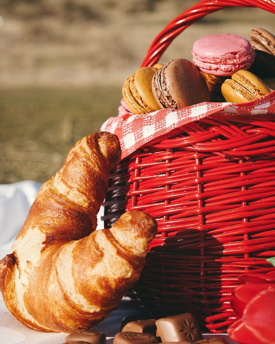 croisant bread, picnic, food, bread, dough, basket, grass, park, chocolate, red