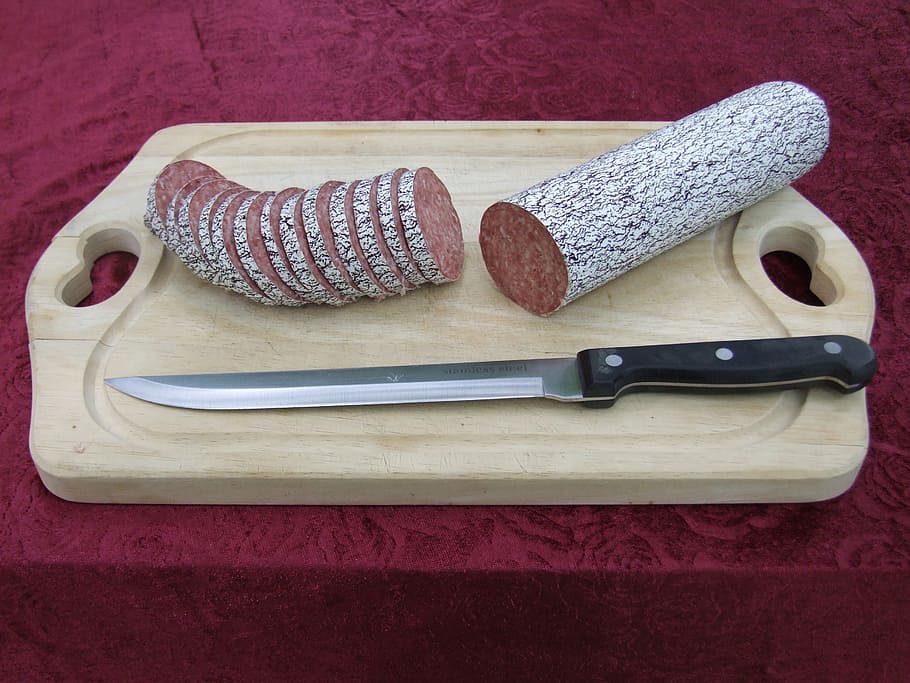 salami tactics, sausage, discs, knife, cut, red, food and drink, food, still life, table
