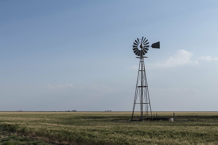 gray, windmill, grass field, western, texas, panhandle, sky, countryside, water, blades
