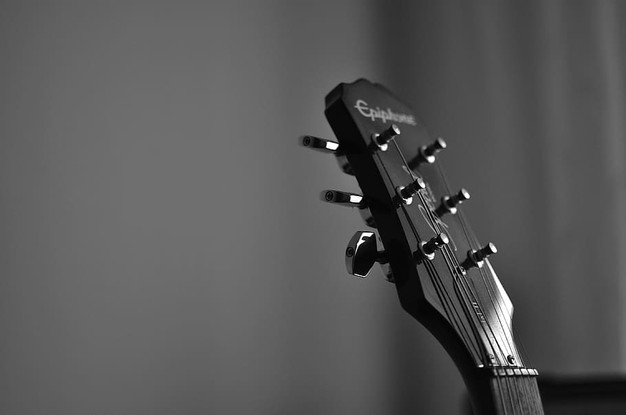 hitam, gitar epiphone, kepala ikat kepala, gitar, senar gitar, musik, instrumen, musikal, string, akustik