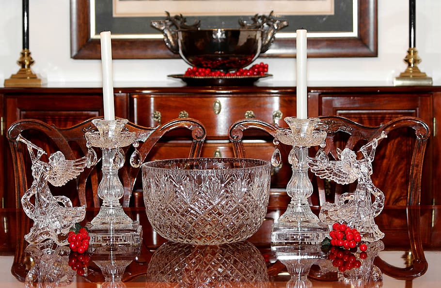 christmas centerpiece, punch bowls, angels, candles, crystal, glass, prism, sparkle, indoors, table