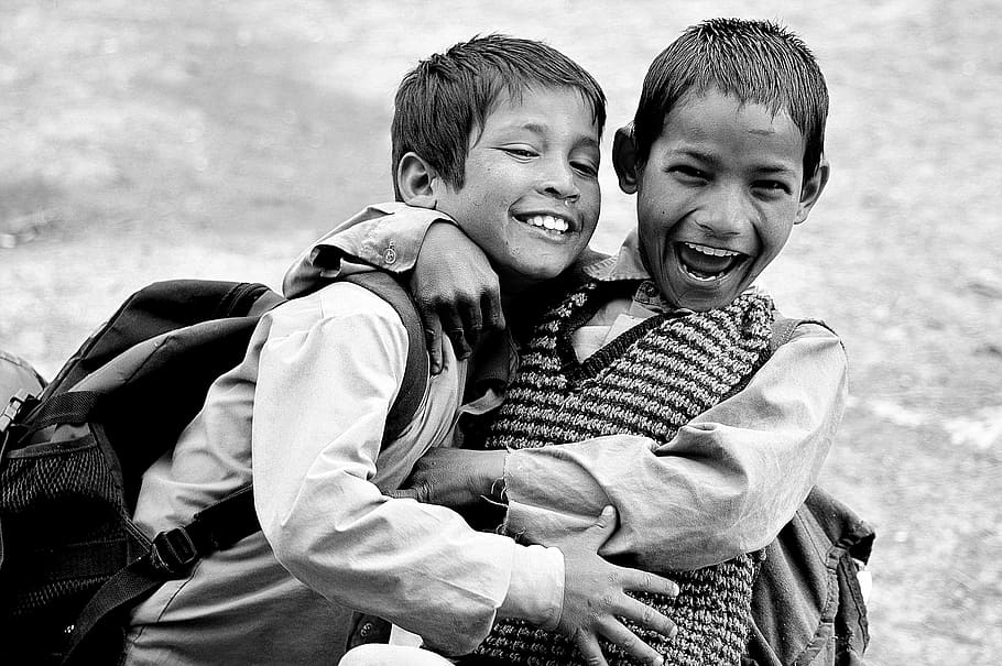 grayscale photo, two, smiling, boys, people, kids, children, friends, student, smile