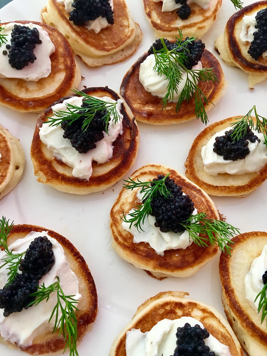 pancake, whip cream, blueberries toppings, food, refreshment, gourmet, delicious, meal, caviar, fish