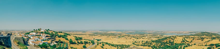 panoramic, land, daytime, landscape, aerial, view, highland, trees, blue, sky