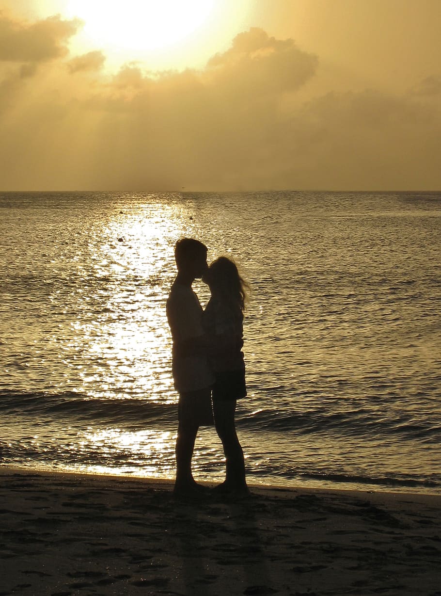 kiss, ocean, sunset, silhouette, couple, love, sea, beach, lovers, kissing