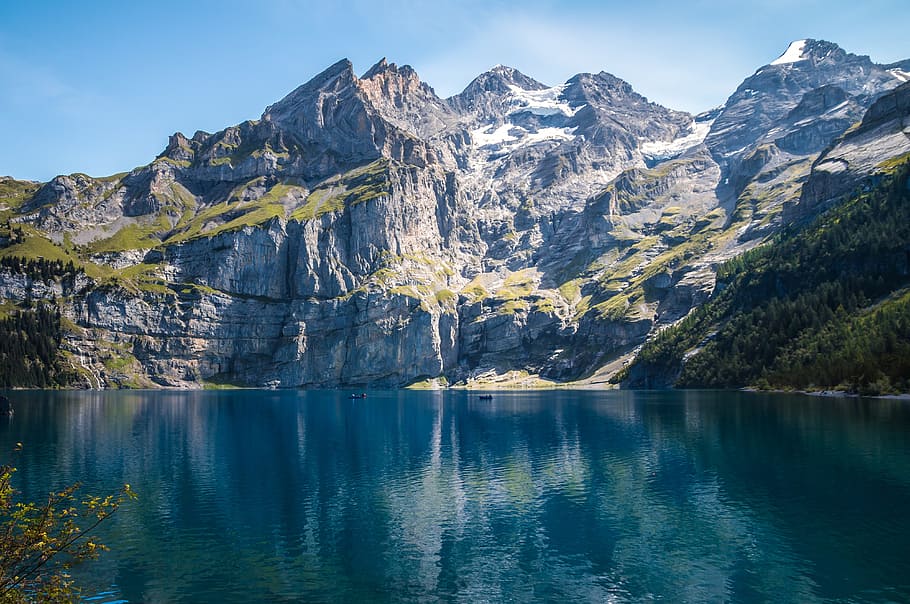 fotografia de paisagem, lago, montanha, dia, alpes, foto, montanhas, bergsee, suíça, lago oeschinen
