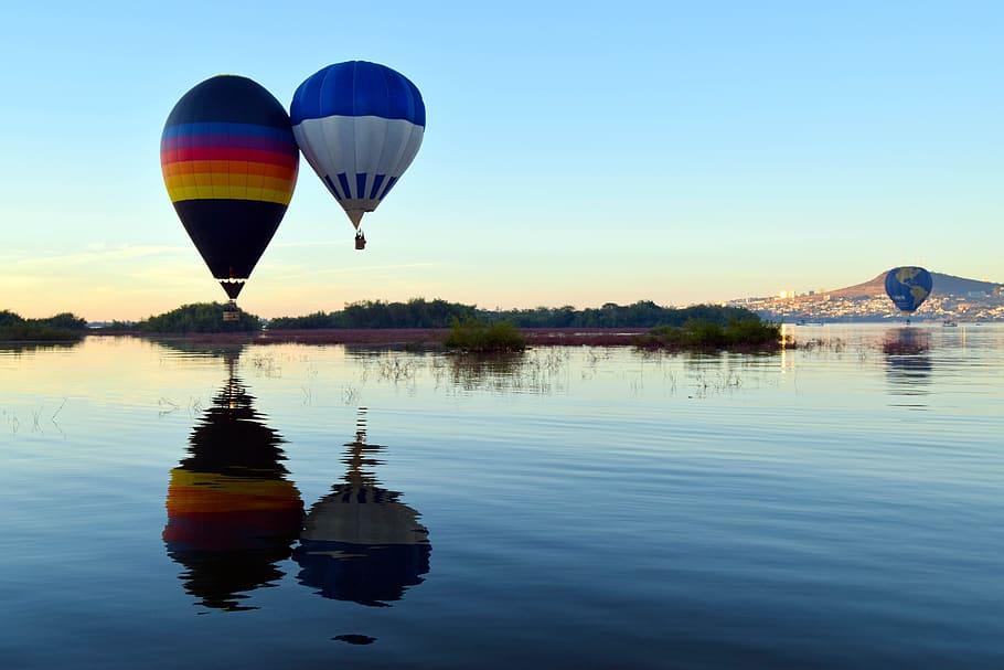 festival, hot air balloon, reflection, lake, pond, mirror, balloon festival, sky, blue, air