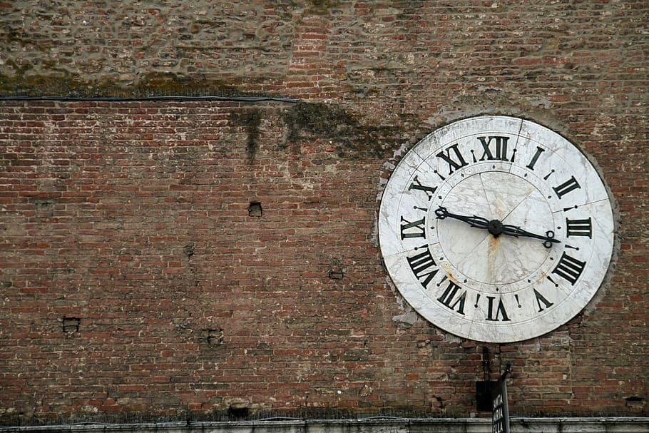 round, white, analog clock, wall, daytime, clock, wall clock, brick wall, old, roman