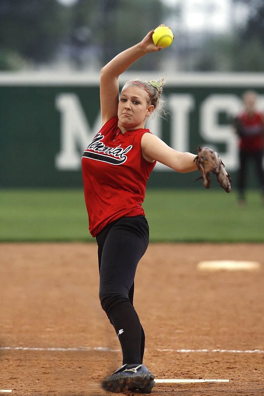 Softball, Pitcher, Female, Action, pitching, pitcher's mound, infield, ball park, field, game
