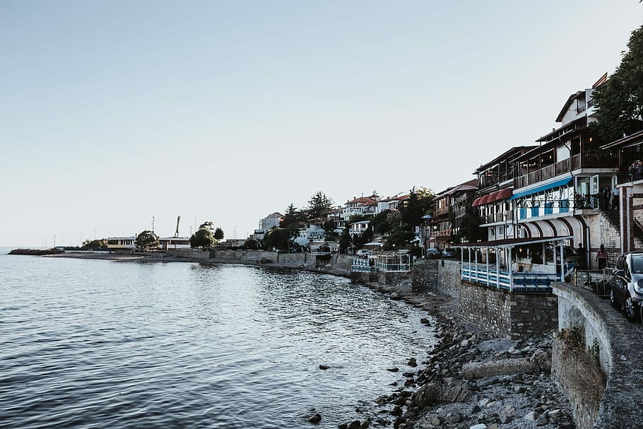 velho, cidade, costa, cidade velha, Nessebar, Bulgária, mar, água, edifícios, céu azul