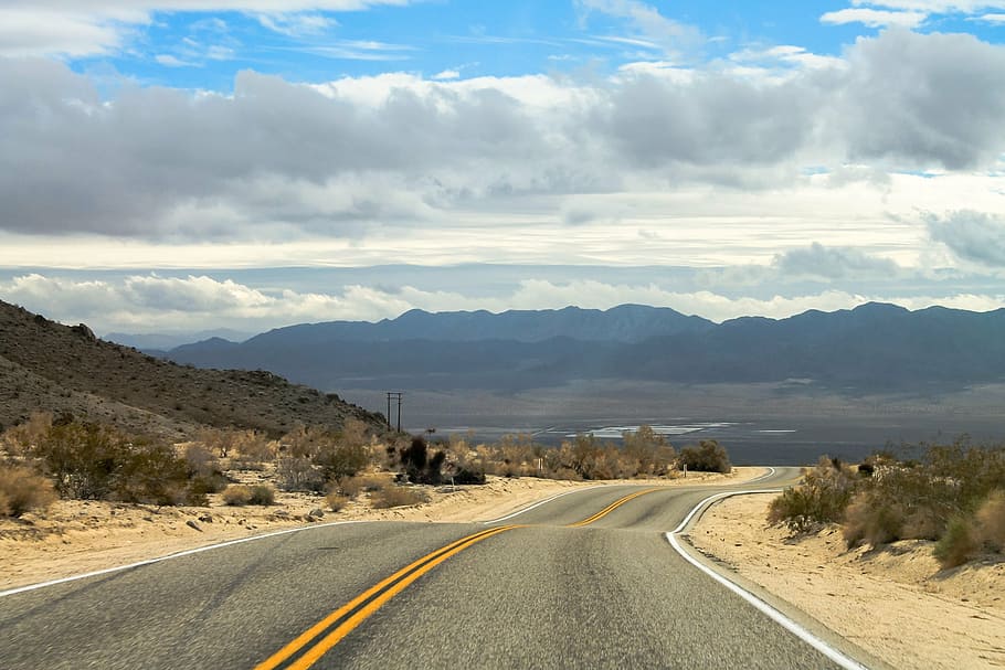 gray, asphalt road, towards, mountain range, road, usa, california, 66, travel, america