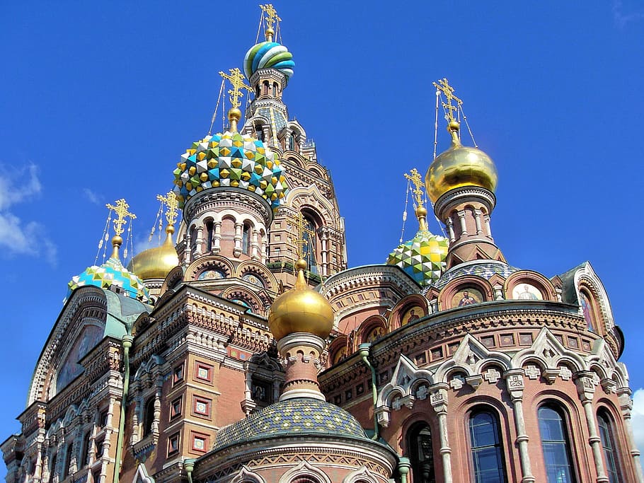 baixo, fotografia de ângulo, marrom, igreja, azul, fundo do céu, Rússia, catedral, são petersburgo, salvador de sangue derramado