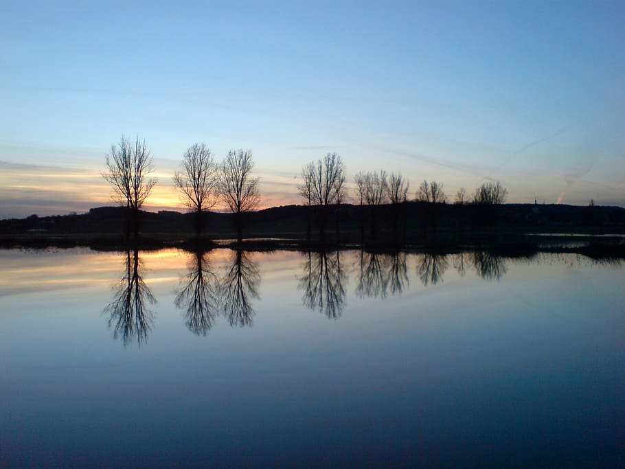 pommersfelden, água, inundação, inundado, céu, espelhamento, reflexão, reflexões, superfície, azul