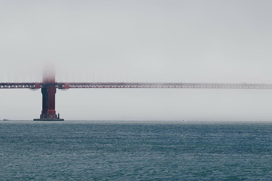 bridge, thick, fog, wide, body, water, distance, sea, ocean, horizon