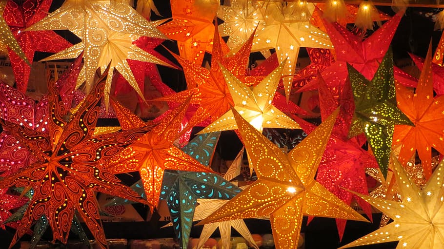 star lanterns, poinsettia, christmas, sale, sales stand, star, light, color, christmas market, lighting equipment