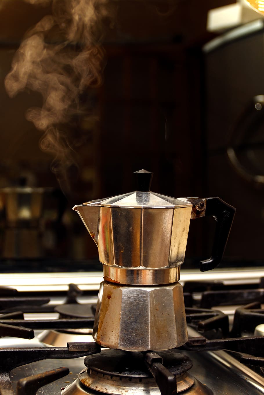coffee maker, coffee, kitchen, stove, hot, appliance, food and drink, heat - temperature, burner - stove top, coffee - drink
