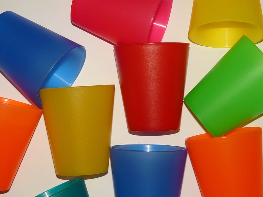 컵, 음료, 화려한, 색깔, 파티, 축하, 멀티 컬러, 빨강, 노랑, 종이