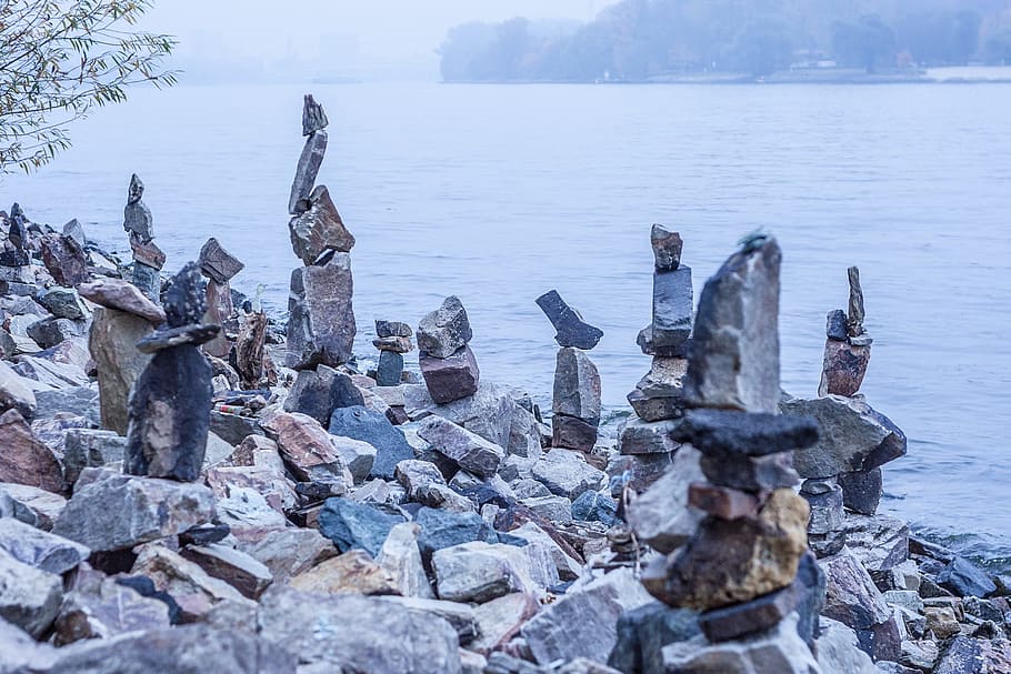 Cairn, Stones, Stone Tower, Pile, tower cairn, art, artwork, water, coast, mood