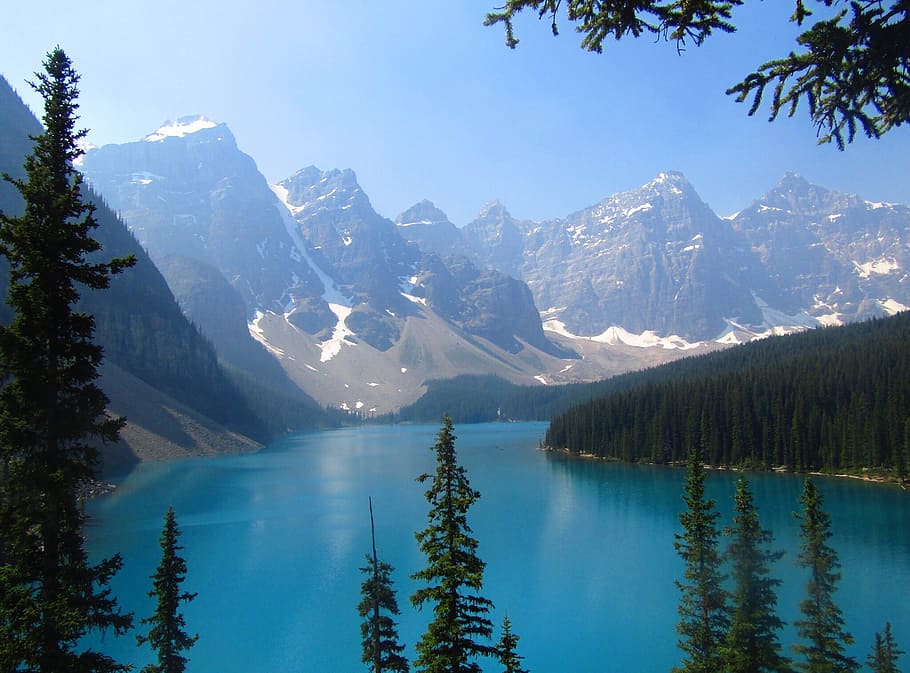 Sem filtro, Lago, Moraine, Alberta, cercado, montanhas, árvores, montanha, beleza natural, paisagens - natureza