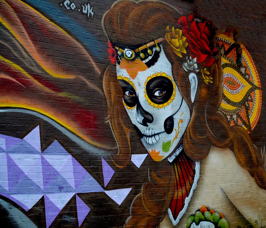 mujer, azúcar, cráneo, cara, pintura, pared, obra de arte, Graffiti, Arte callejero, Imagen