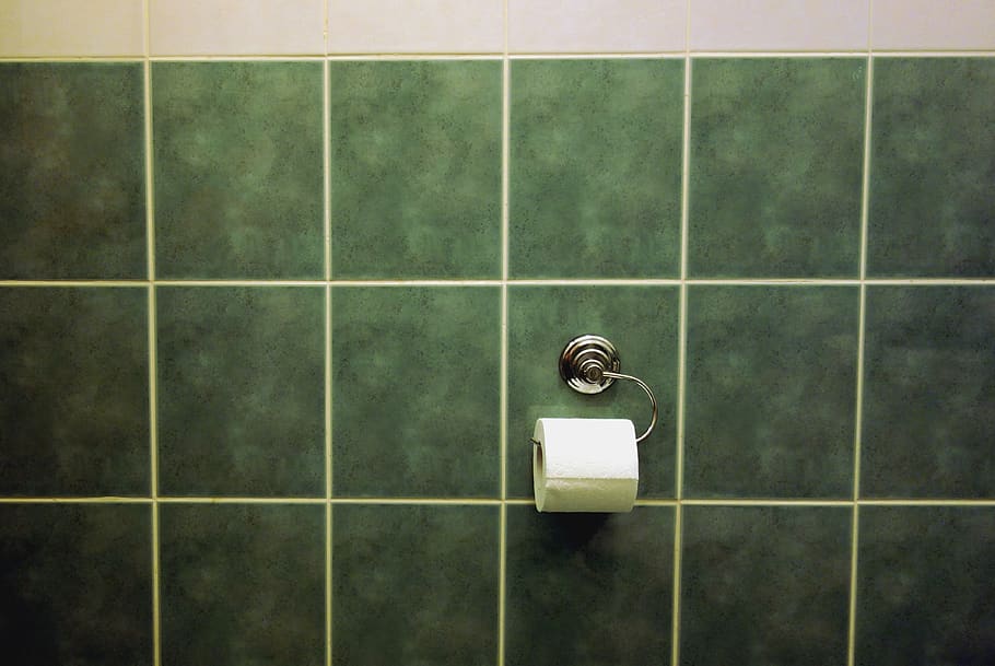 azulejo, malo, verde, papel higiénico, dispensador de cinta, azulejos, piso, baño, baño doméstico, patrón