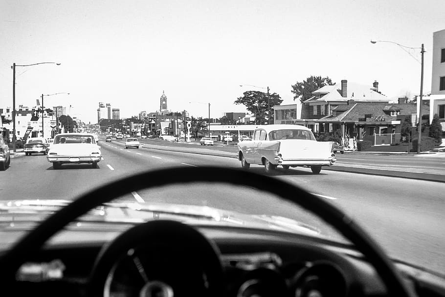 road, cars, retro, vintage, auto, old, travel, vacation, film, photography