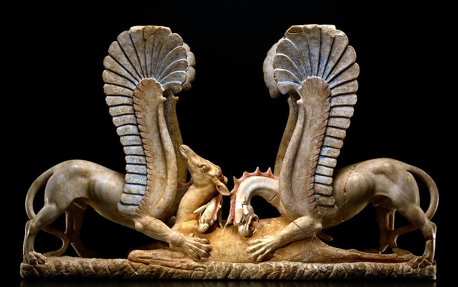 two, brown, winged, animals, biting, camel figurine, marble, trapezophoros, ancient greek, greek