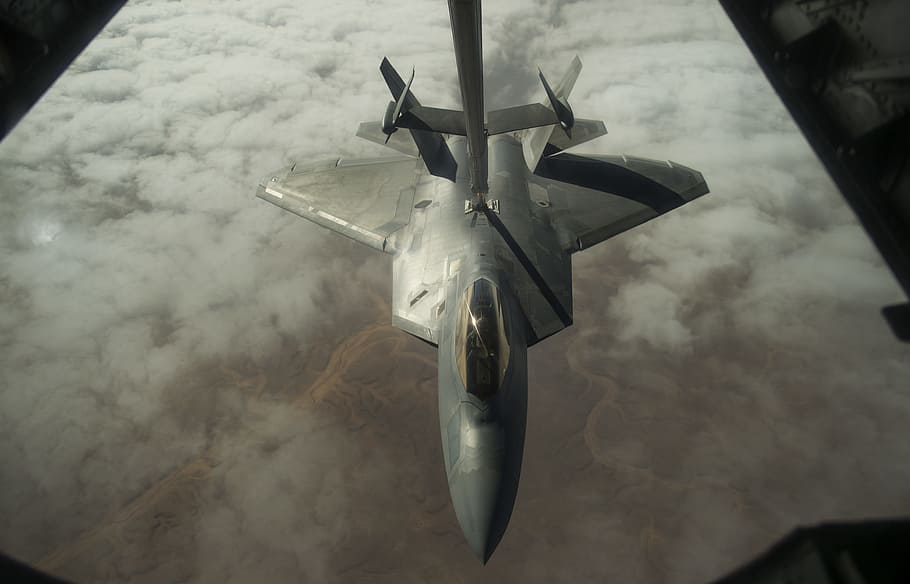 gray, fighting, plane, white, clouds, f-22 raptor, stealth, aircraft, jet, aviation