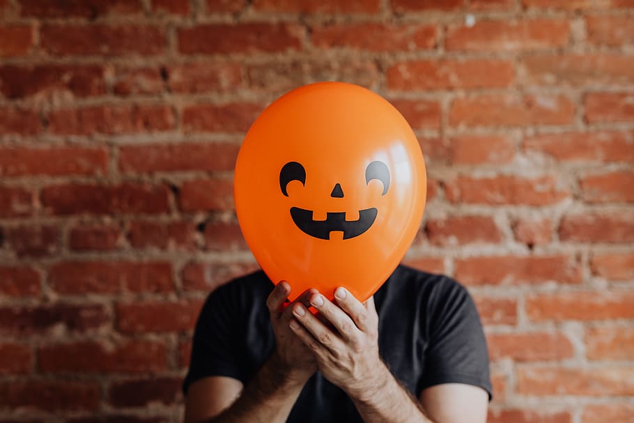 balloon, orange, face, funny, autumn, man, Halloween, brick, brick wall, one person