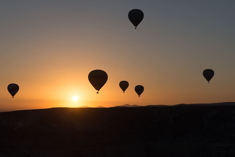 silhouette, hot, air balloons, floating, golden, hour, hot-air ballooning, balloon, cappadocia, dawn
