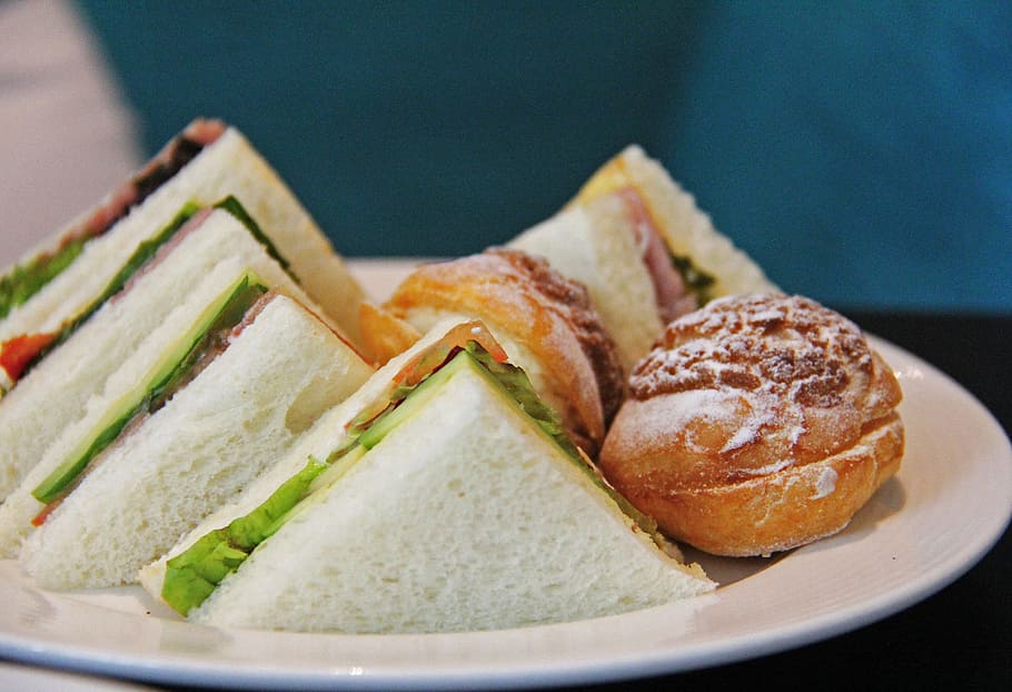 sándwich, carne, vegetales, sándwiches, crema, hojaldre, tomate, jamón, pan, té