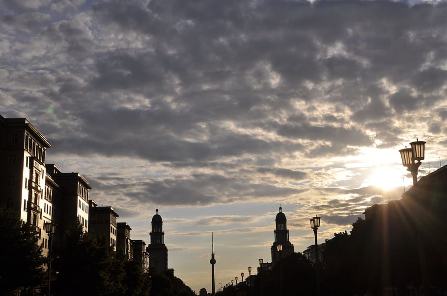 베를린, TV 타워, 프랑크푸르트 토르, 일몰, 스탈린 건물, 하늘, 구름, 건축, 구름-하늘, 건축물