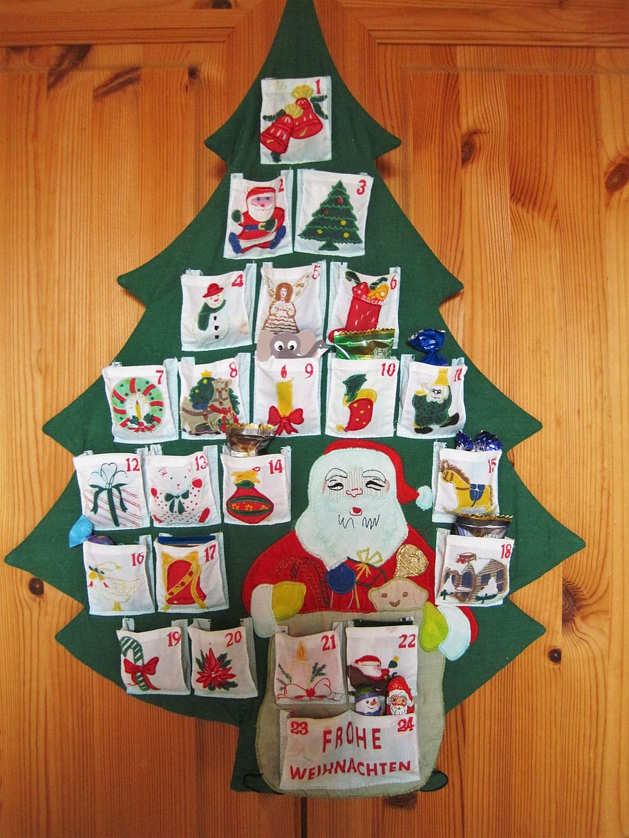 advent calendar, 24 bags, anticipation, sweet, adventlich, advent, indoors, wood - material, art and craft, representation