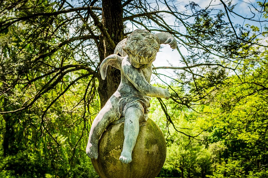 sculpture, statue, cupid, angel, old, new jersey botanical garden, tree, plant, art and craft, representation