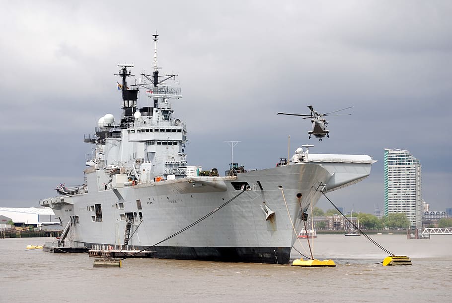 aircraft carrier, helicopter, river thames, aircraft, carrier, military, ship, navy, war, fighter