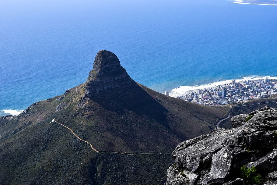 aerial from table mountain, south africa, cape town, mountain, rock, city, travel, coastline, harbour, sea